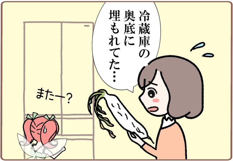 冷蔵庫の中に埋もれて、しわしわになっているダイコンを手に持つミドリと、またー？とあきれる菜々ちゃんの1コマ漫画。