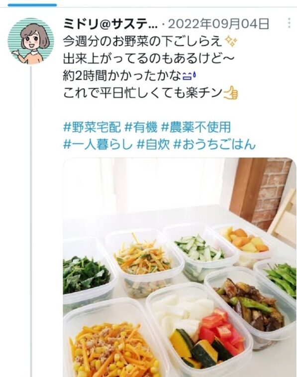 実際のツイートのスクリーンショット。「今週分のお野菜の下ごしらえ。出来上がってるのもあるけど〜。やく2時間かかったかな。これで平日忙しくても楽チン。」という文章と、下ごしらえの野菜が入ったたくさん並ぶタッパーの画像。