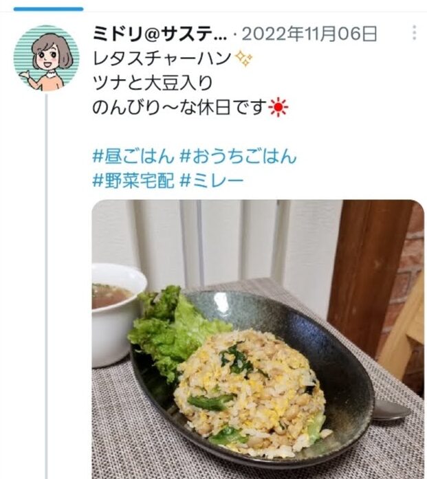 実際のツイートのスクリーンショット。「レタスチャーハン。ツナと大豆入り。のんびり〜な休日です。」という文章と料理の画像。