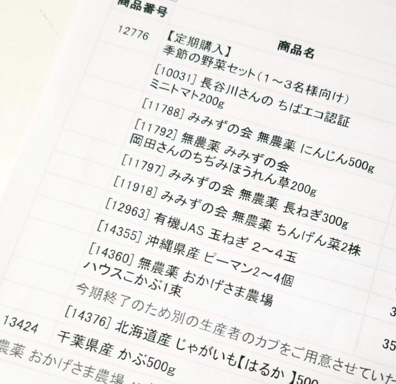 実際とどいた野菜セットにはいっていた商品の明細の一部の画像。とどいた野菜の大半が有機野菜か無農薬であることがわかる。