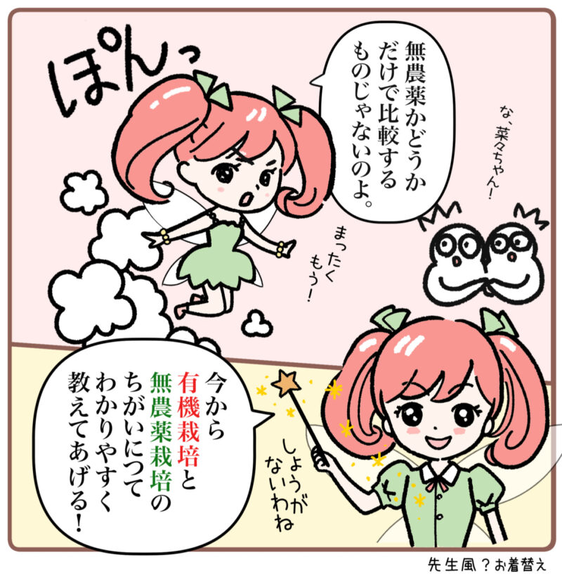 ＜マンガ3コマ目＞ぽんっと現れたのは、野菜の妖精の菜々ちゃん。 菜々ちゃんはこう言う。「無農薬かどうかだけで比較するものじゃないのよ。まったくもう！今から有機栽培と無農薬栽培の違いについて分かりやすく教えてあげる！」