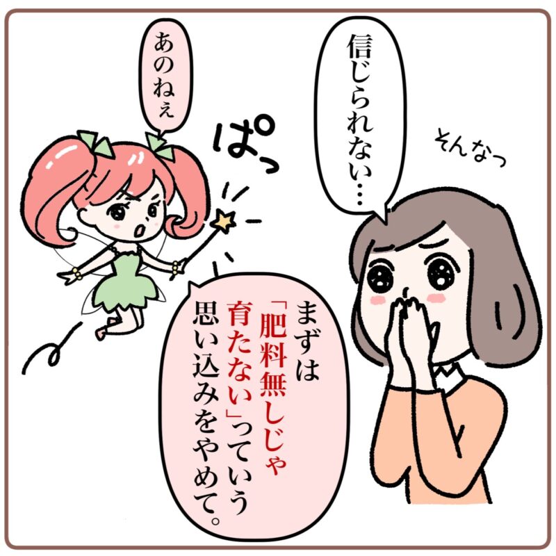 〈3コマ目〉 ミドリ：そんなっ、信じられない… 菜々：あのねぇ。(ぱっと魔法のステッキを取り出しながら、)まずは「肥料なしでじゃ育たない」という思い込みをやめて。