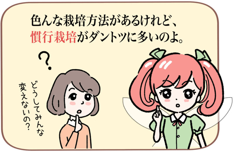 「色んな栽培方法があるけれど、慣行栽培がダントツに多いのよ。」と説明する菜々ちゃん。「どうしてみんな変えないの？」と聞くミドリ。