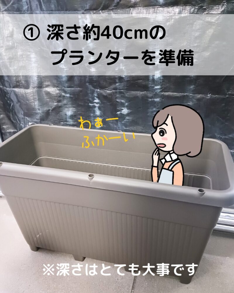 【菌ちゃん農法プランター土づくりの説明画像とそれを説明するミドリのイラスト】
①深さ40cmのプランターを準備。深さはとても大事です。